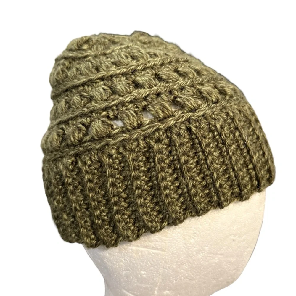 Chunky Crochet Knit Green Beanie Cottagecore Natural